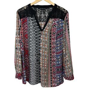 Zac & Rachel Boho Blouse Womens 1X‎ Multicolor Lace Flowy V Neck Lightweight Top